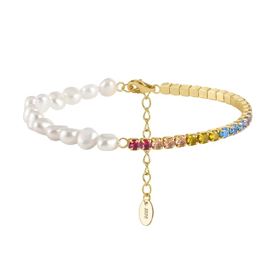 925 Silver Irregular Freshwater Pearl Colored Tennis Bracelet, 14K Gold Plated - main