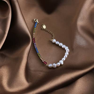 925 Silver Irregular Freshwater Pearl Colored Tennis Bracelet, 14K Gold Plated detail 2