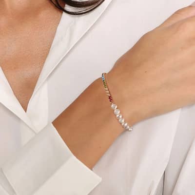 925 Silver Irregular Freshwater Pearl Colored Tennis Bracelet, 14K Gold Plated detail 3