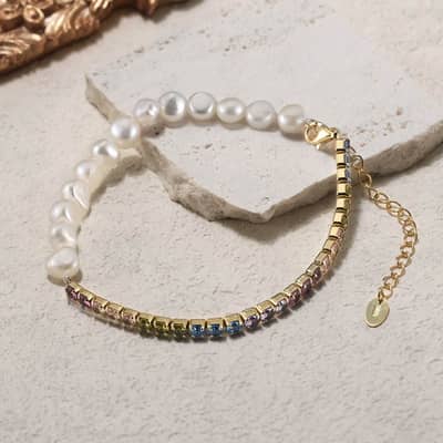 925 Silver Irregular Freshwater Pearl Colored Tennis Bracelet, 14K Gold Plated detail 4