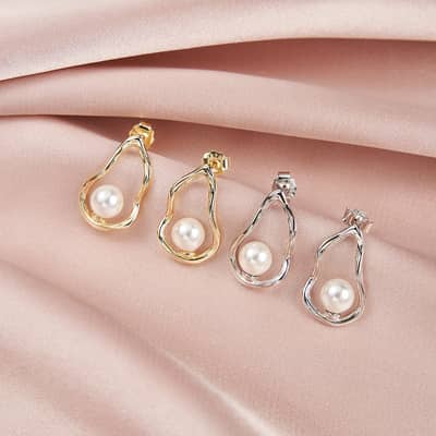 925 Sterling Silver Water Drop White Pearl Stud Earrings Geometric Hollow detail 1
