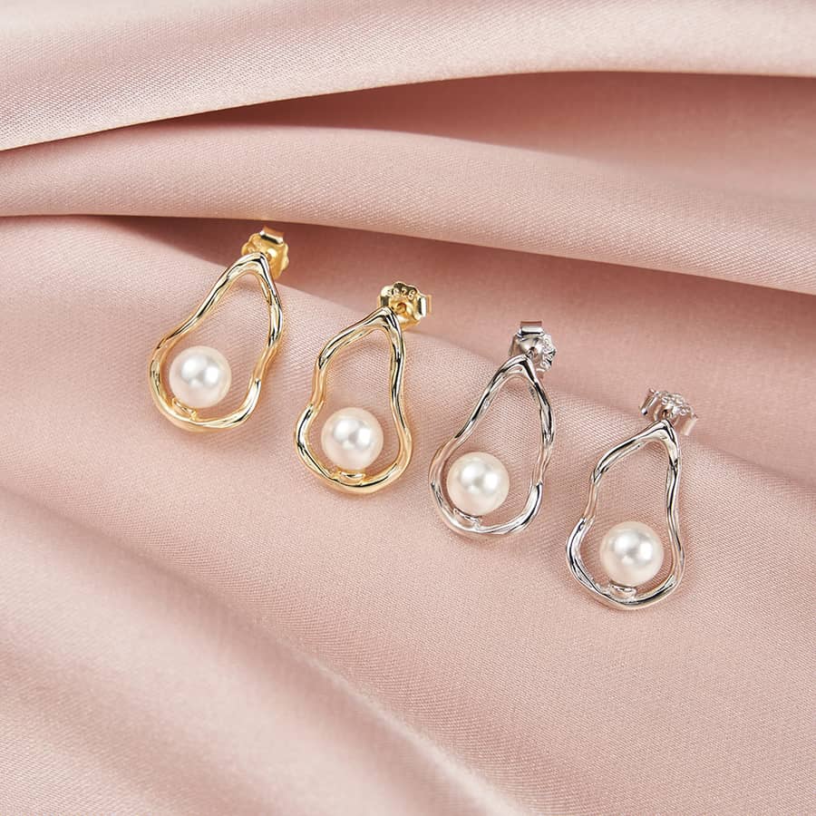 925 Sterling Silver Water Drop White Pearl Stud Earrings Geometric Hollow - main