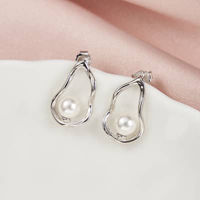 925 Sterling Silver Water Drop White Pearl Stud Earrings Geometric Hollow detail 4