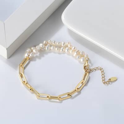 Handmade 925 Sterling Silver Paperclip Chain White Freshwater Cultured Pearl Double Strand Bracelet detail 1