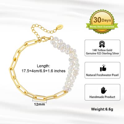 Handmade 925 Sterling Silver Paperclip Chain White Freshwater Cultured Pearl Double Strand Bracelet detail 3