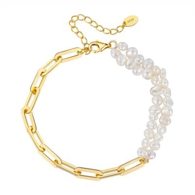 Handmade 925 Sterling Silver Paperclip Chain White Freshwater Cultured Pearl Double Strand Bracelet detail 4