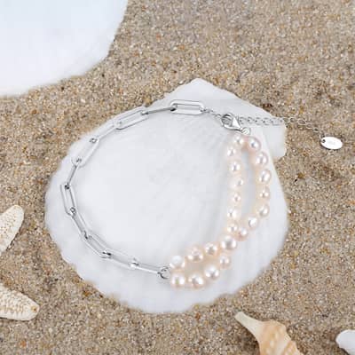 Handmade 925 Sterling Silver Paperclip Chain White Freshwater Cultured Pearl Double Strand Bracelet detail 6