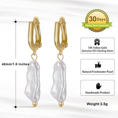 Classic Elegance 14K Gold Plated 925 Sterling Silver Real Cultured Baroque Pearl Earrings detail 3
