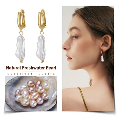 Classic Elegance 14K Gold Plated 925 Sterling Silver Real Cultured Baroque Pearl Earrings detail 4