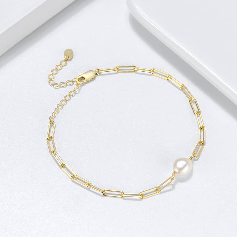 Real Pearl Paperclip Chain Baroque Freshwater Pearls Gold Plated 925 Silver - main