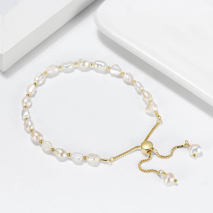 Genuine 925 Sterling Silver Baroque Pearl Link Chain Bracelet, 14K - main