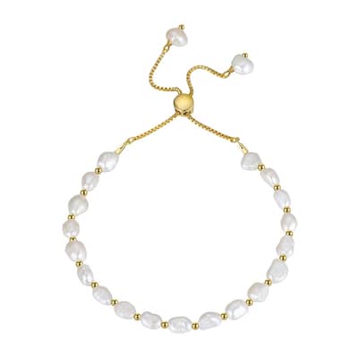 Genuine 925 Sterling Silver Baroque Pearl Link Chain Bracelet, 14K detail 2