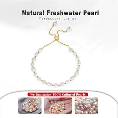 Genuine 925 Sterling Silver Baroque Pearl Link Chain Bracelet, 14K detail 3