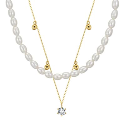 Gold Station Choker Necklace with Pearl Layered Chain & Cubic Zirconia Pendant
