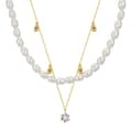 Gold Station Choker Necklace with Pearl Layered Chain & Cubic Zirconia Pendant 1