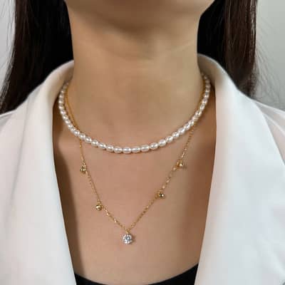 Gold Station Choker Necklace with Pearl Layered Chain & Cubic Zirconia Pendant detail 3