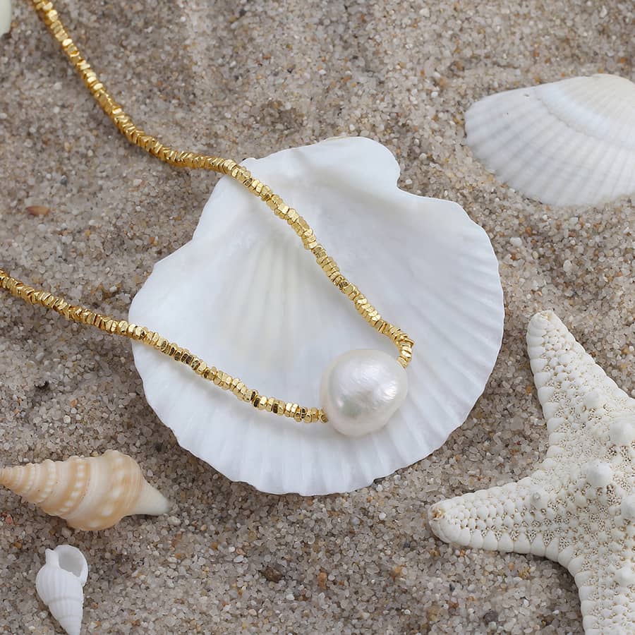 Silver Nugget Chain Choker Necklace with Cultured Freshwater Pearl, 14K Gold Plated - main
