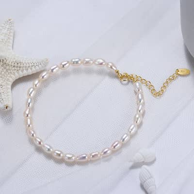 925 Sterling Silver Freshwater Pearl Bracelet, 14K Gold Plated detail 1