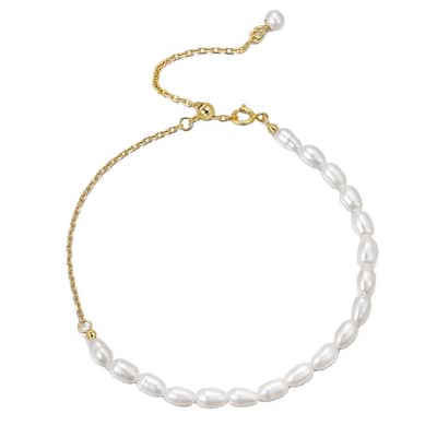 14K Gold & 925 Sterling Silver Cultured Freshwater Pearl Adjustable Bracelet detail 1