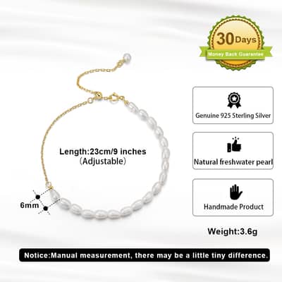 14K Gold & 925 Sterling Silver Cultured Freshwater Pearl Adjustable Bracelet detail 3