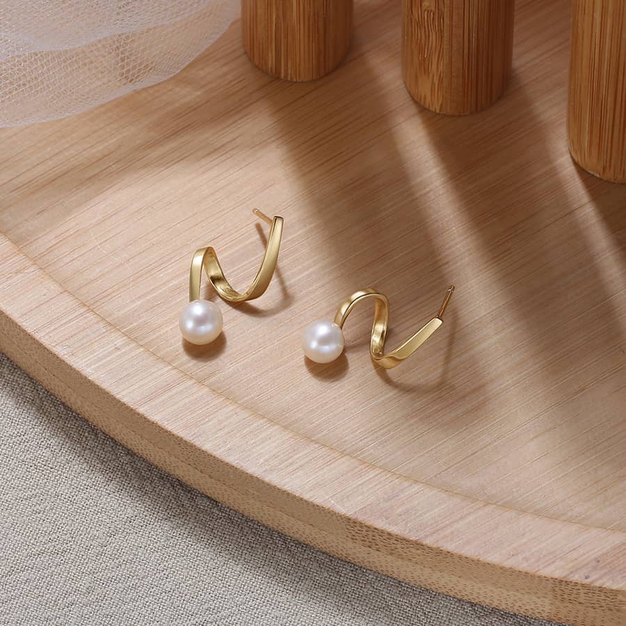 14K Gold Pearl Stud Earrings Unique Design 925 Sterling Silver Gold Plated - main