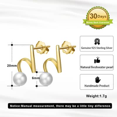 14K Gold Pearl Stud Earrings Unique Design 925 Sterling Silver Gold Plated detail 2
