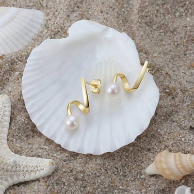 14K Gold Pearl Stud Earrings Unique Design 925 Sterling Silver Gold Plated detail 4