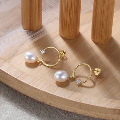 Silver Pearl Dangle Earrings 14K Gold Plated detail 1