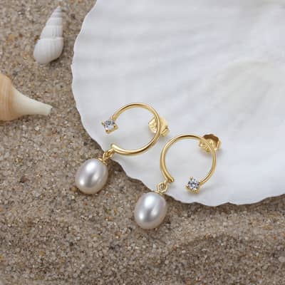 Silver Pearl Dangle Earrings 14K Gold Plated detail 2