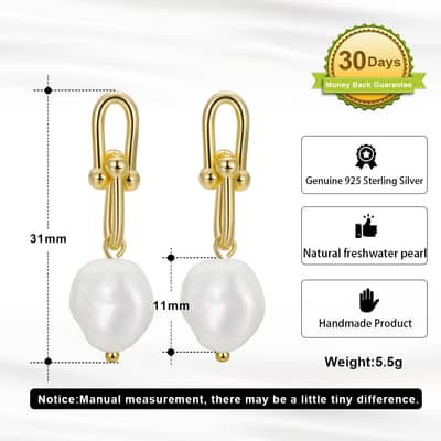 925 Sterling Silver 14K Gold Plated Pearl Earrings detail 3