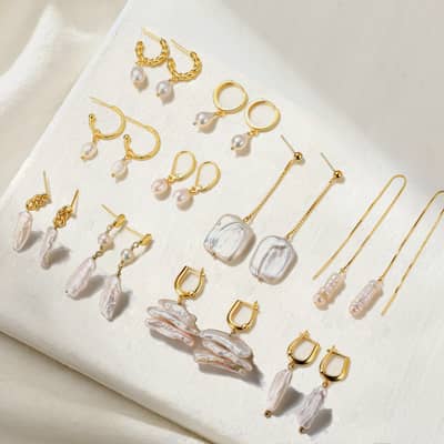 18K Gold Plated S925 Sterling Silver Baroque Pearl Pendant Drop Hoop Earrings detail 1