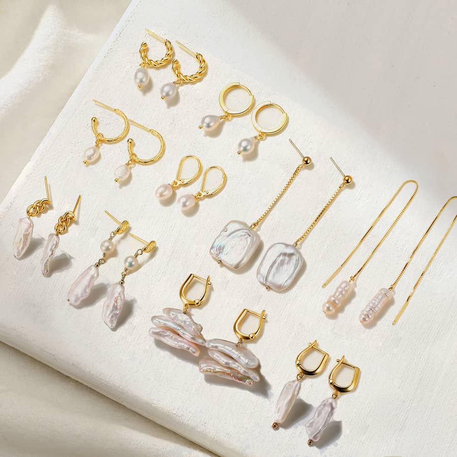 18K Gold Plated S925 Sterling Silver Baroque Pearl Pendant Drop Hoop Earrings - main