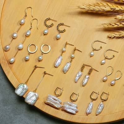 18K Gold Plated S925 Sterling Silver Baroque Pearl Pendant Drop Hoop Earrings detail 2
