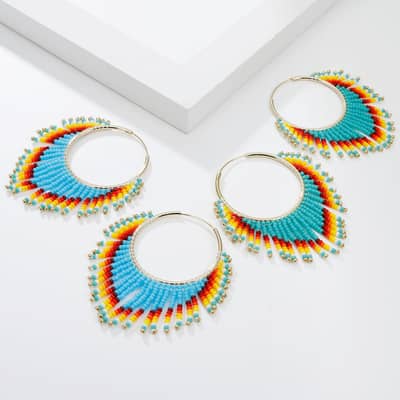 Bohemian Ethnic Style Tassel Rice Bead Earrings Colorful Gradient Handwoven Design detail 1