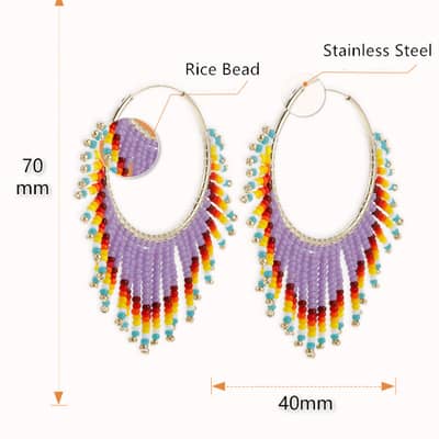 Bohemian Ethnic Style Tassel Rice Bead Earrings Colorful Gradient Handwoven Design detail 5