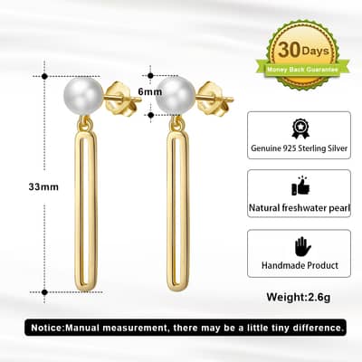 925 Silver 14K Gold Plated Freshwater Pearl Drop Earrings Trendy Stud detail 5