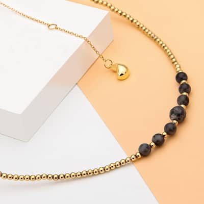 Bead Necklace Natural Obsidian 128 Cut Waterproof Gold Plated detail 3