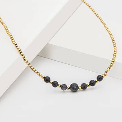 Bead Necklace Natural Obsidian 128 Cut Waterproof Gold Plated detail 4