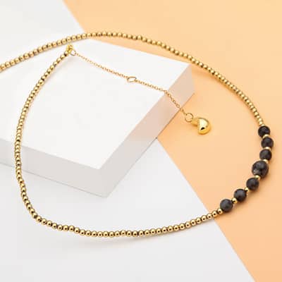 Bead Necklace Natural Obsidian 128 Cut Waterproof Gold Plated detail 5