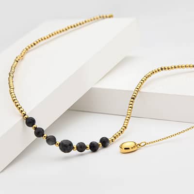 Bead Necklace Natural Obsidian 128 Cut Waterproof Gold Plated detail 6