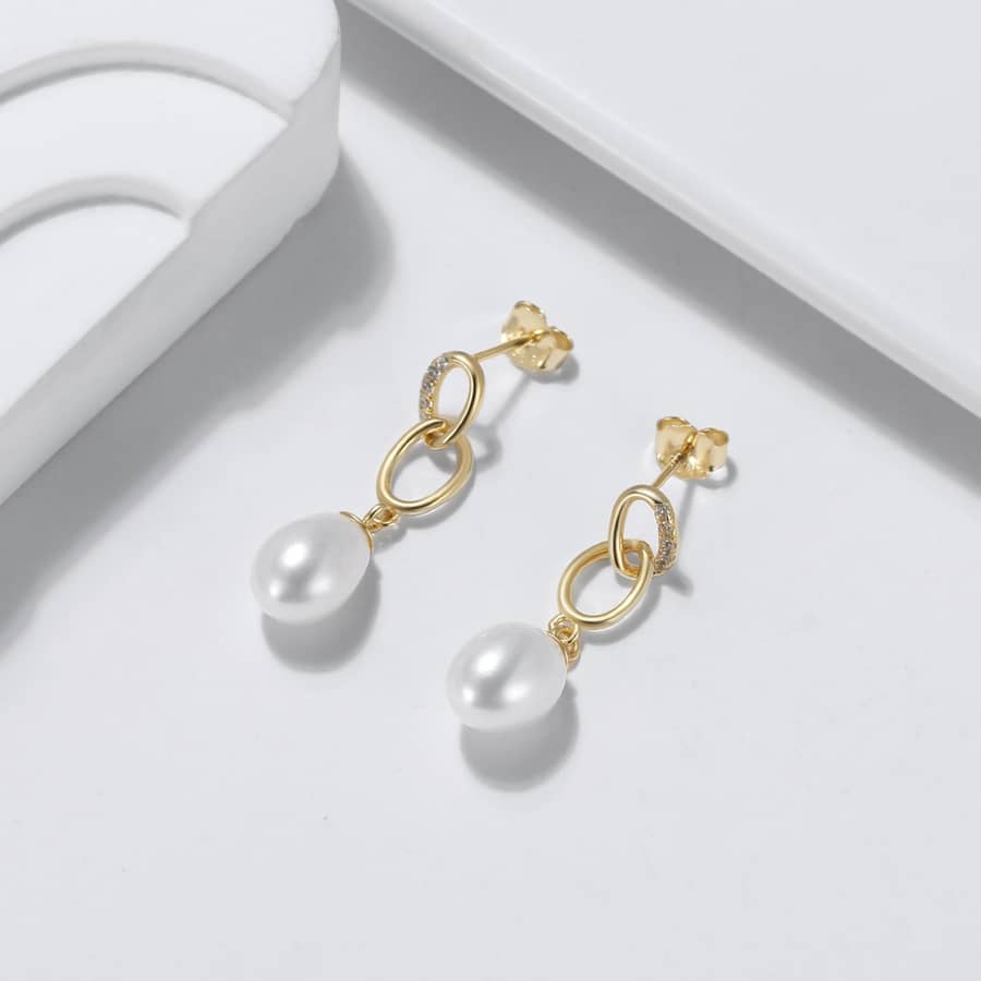 Simple Freshwater Pearl Drop Earrings Chain with Zircon Gold Plated 925 Sterling Silver - main