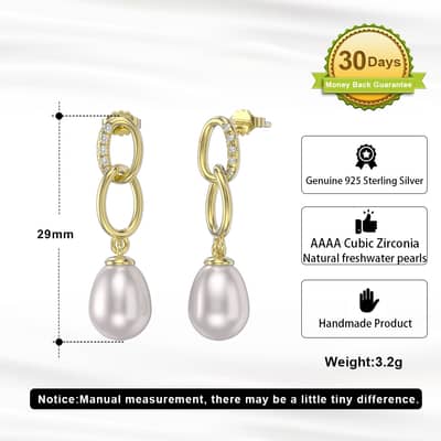 Simple Freshwater Pearl Drop Earrings Chain with Zircon Gold Plated 925 Sterling Silver detail 3