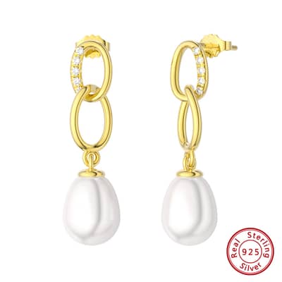 Simple Freshwater Pearl Drop Earrings Chain with Zircon Gold Plated 925 Sterling Silver detail 4