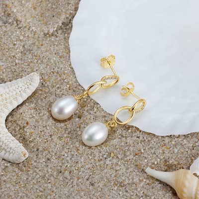 Simple Freshwater Pearl Drop Earrings Chain with Zircon Gold Plated 925 Sterling Silver detail 5