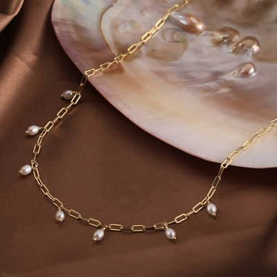 Vintage Satellite Freshwater Pearl Charm Paperclip Chain Necklace detail 1