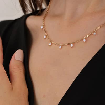 Vintage Satellite Freshwater Pearl Charm Paperclip Chain Necklace detail 2