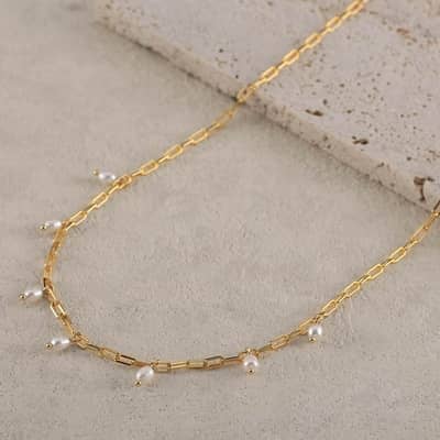 Vintage Satellite Freshwater Pearl Charm Paperclip Chain Necklace detail 3