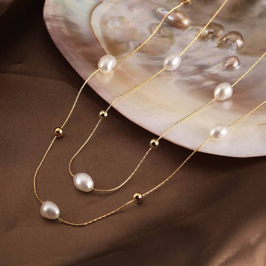 S925 Silver Double Layered Simulated Baroque Pearl Charm Long Necklace - main