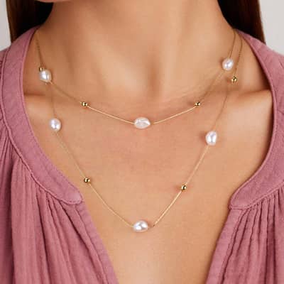 S925 Silver Double Layered Simulated Baroque Pearl Charm Long Necklace detail 3