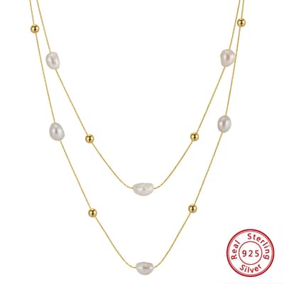 S925 Silver Double Layered Simulated Baroque Pearl Charm Long Necklace detail 6